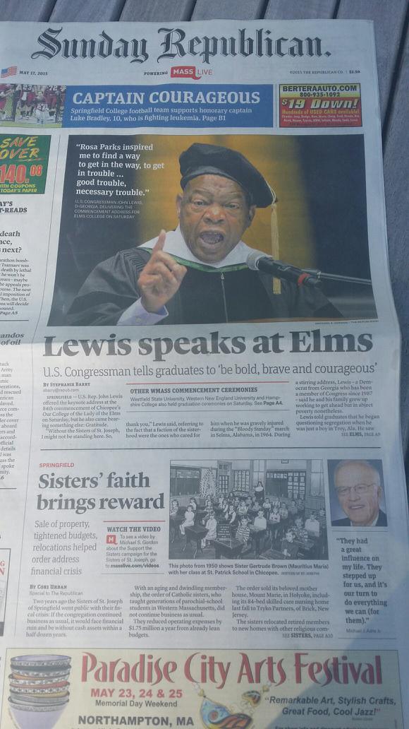ElmsCollege's tweet photo. If you haven't seen it, we're the lead story on the cover of today's Sunday Republican ... #elms2015 #grad2015 http://t.co/9rVzUCqYQM