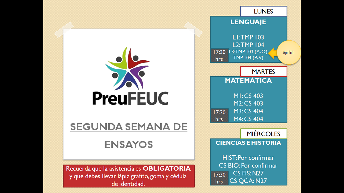 PREUFEUC's tweet photo. ATENCIÓN ESTUDIANTE PREUFEUC 2015: Revisa tu sala para rendir el segundo ensayo. ¡Recuerda llegar temprano! http://t.co/4Vc9t4Pg5s