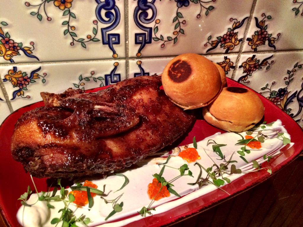 ThePigChicago's tweet photo. New dish by @JimmyBannosJr his talented sous chef Max: half duck confit, yogurt, smoked trout roe &amp; brioche buns. http://t.co/eqLv1zip1A