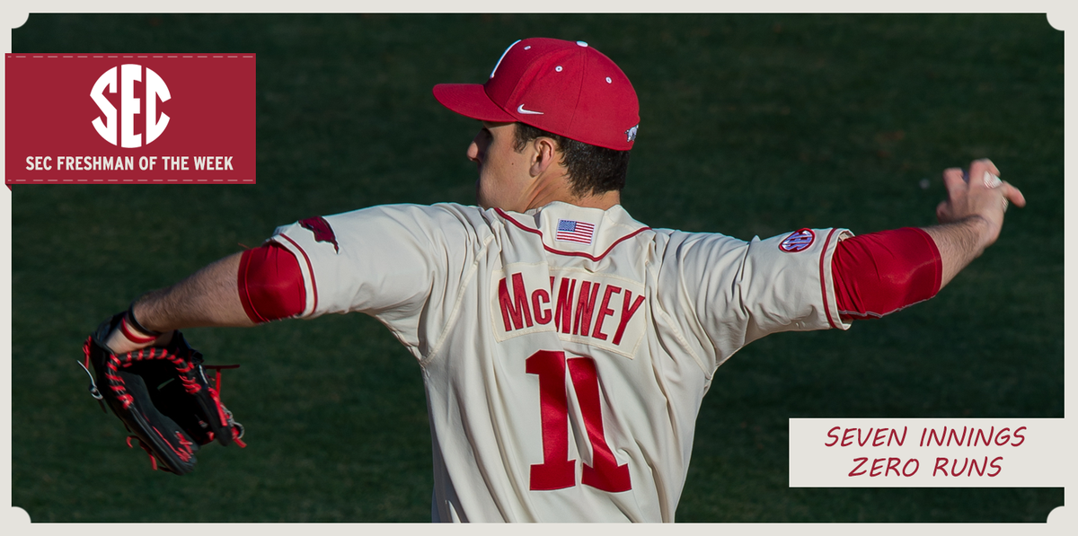 RazorbackBSB's tweet photo. NEWS | Keaton McKinney picks up SEC Freshman of the Week honors! #WPS #OmaHogs http://t.co/8mXUqLtfdh