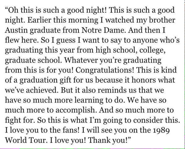 TSwiftNZ's tweet photo. Taylor's Top Artist speech giving a shoutout to her brother and all the graduates out there! #BBMAs http://t.co/le9GOOsE5x