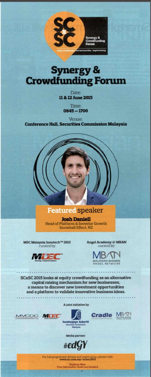 SecComMalaysia's tweet photo. Register now for the #SCxSC2015 Forum on equity #crowdfunding on 11-12 June http://t.co/pY6lS67A8K #ECF #FinTech http://t.co/P8eufAWkc7