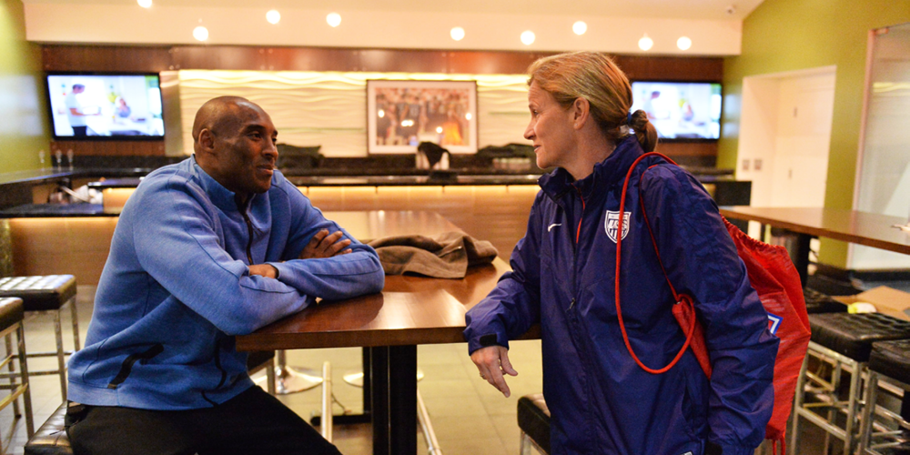 USWNT's tweet photo. WNT head coach Jill Ellis and @kobebryant talking shop after the #USWNT's 5-1 win over Mexico. #OneNationOneTeam http://t.co/9VK6Z959KN