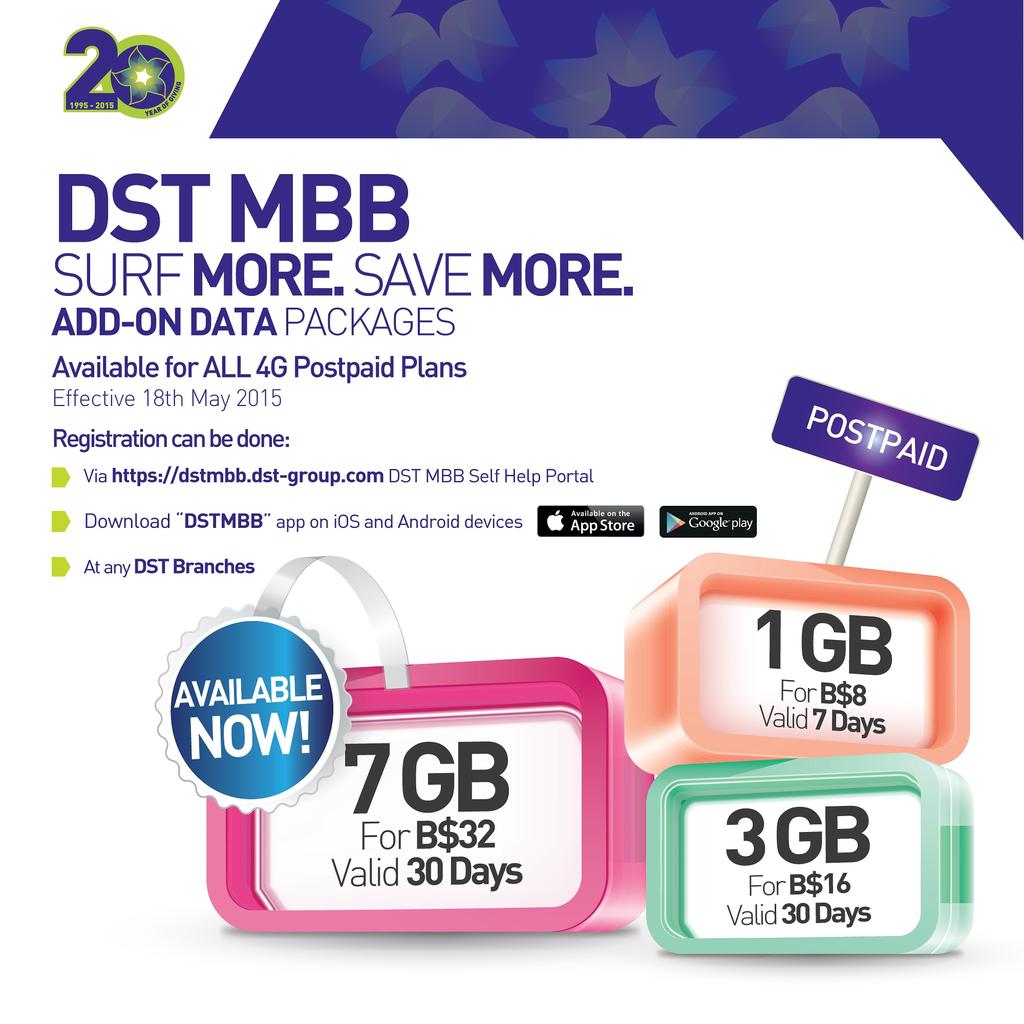 dstofficial's tweet photo. DSTMBB 7GB add-on data package is now available to all 4G Postpaid Plans! #dstbn #dstmbb #surfmoresafemore http://t.co/KoTlMFc9j5