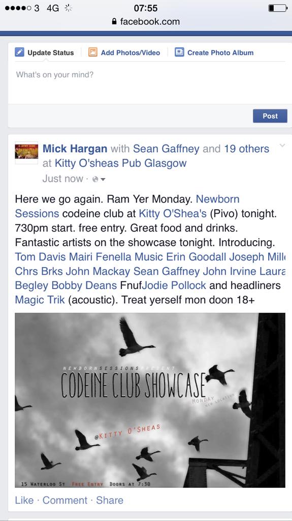 mickhargan's tweet photo. Monday 730pm @codeineclub @Kittys_Gla I Sheas waterloo street. Details on the pic #glasgow #fuckyermonday #freegig http://t.co/YbIAtigDrI