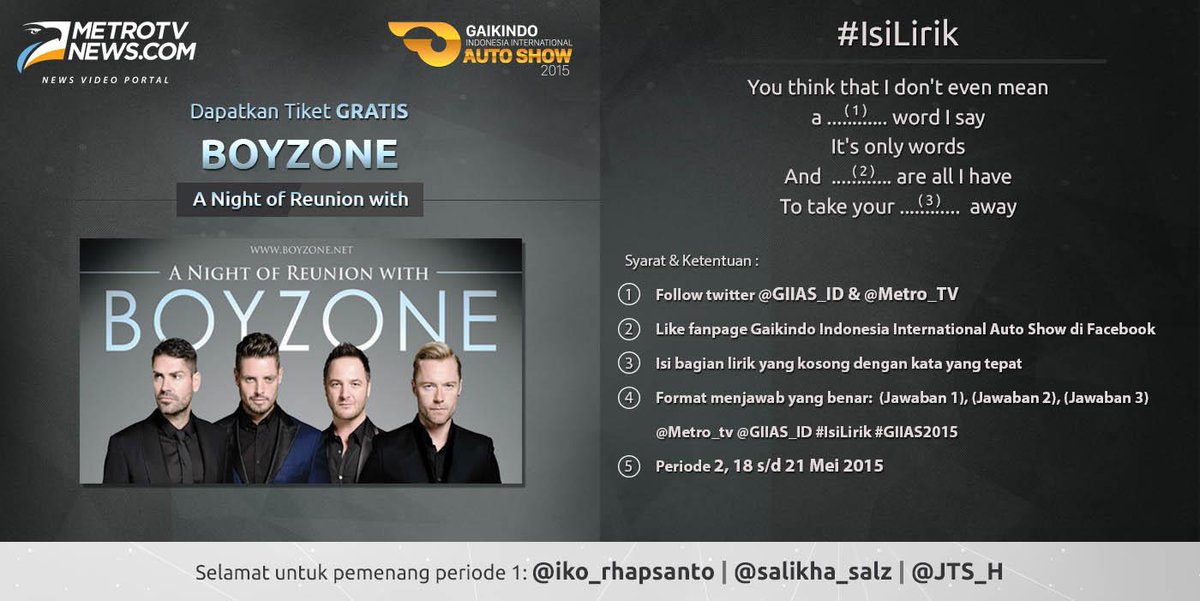 Ada tiket konser Boyzone gratis di akun <a href="/GIIAS_ID/">GIIAS_ID</a> dengan kuis #IsiLirik. Yuk, isi liriknya sekarang juga! #GIIAS2015