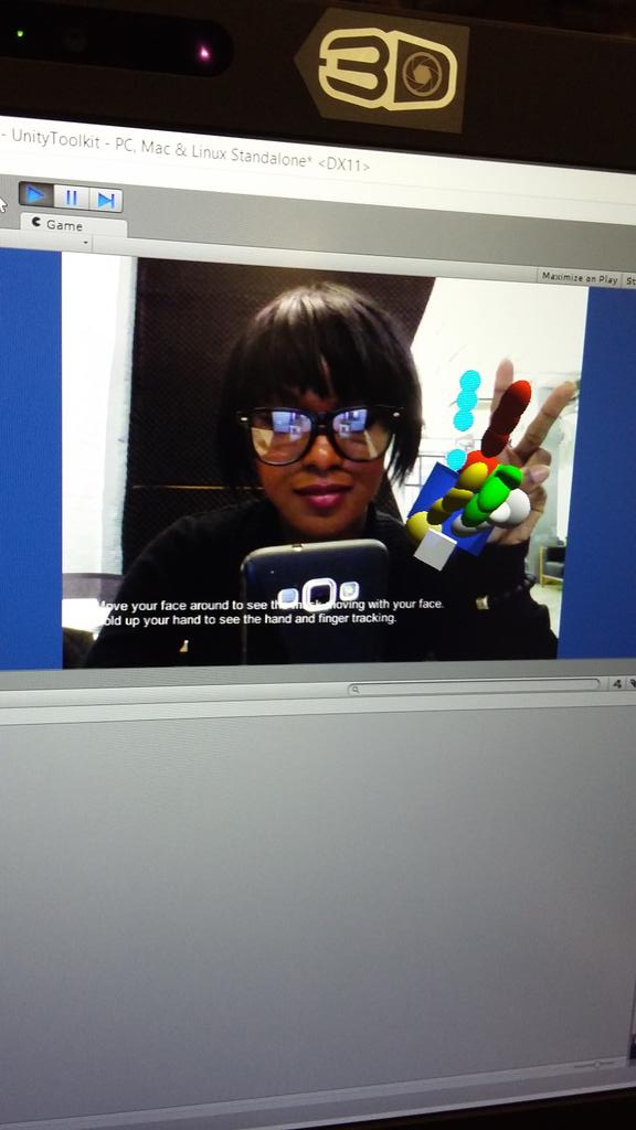 Tee_cw_x's tweet photo. Intel RealSense hands - on lab London. Augmented reality in Unity3D with the RealSense camera! #realsense #unity3d http://t.co/H9BaRZ0tlM