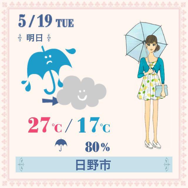 axripple's tweet photo. 5/19(火) 明日の天気 (日野市)
雨→くもり 27℃/17℃ 80%
空はドンヨリ。午前中は雨が降りそうです。半袖に１枚羽織るものがあると安心。
DLはこちら→http://t.co/GcW7dI4AyX http://t.co/48LEA7sjdz