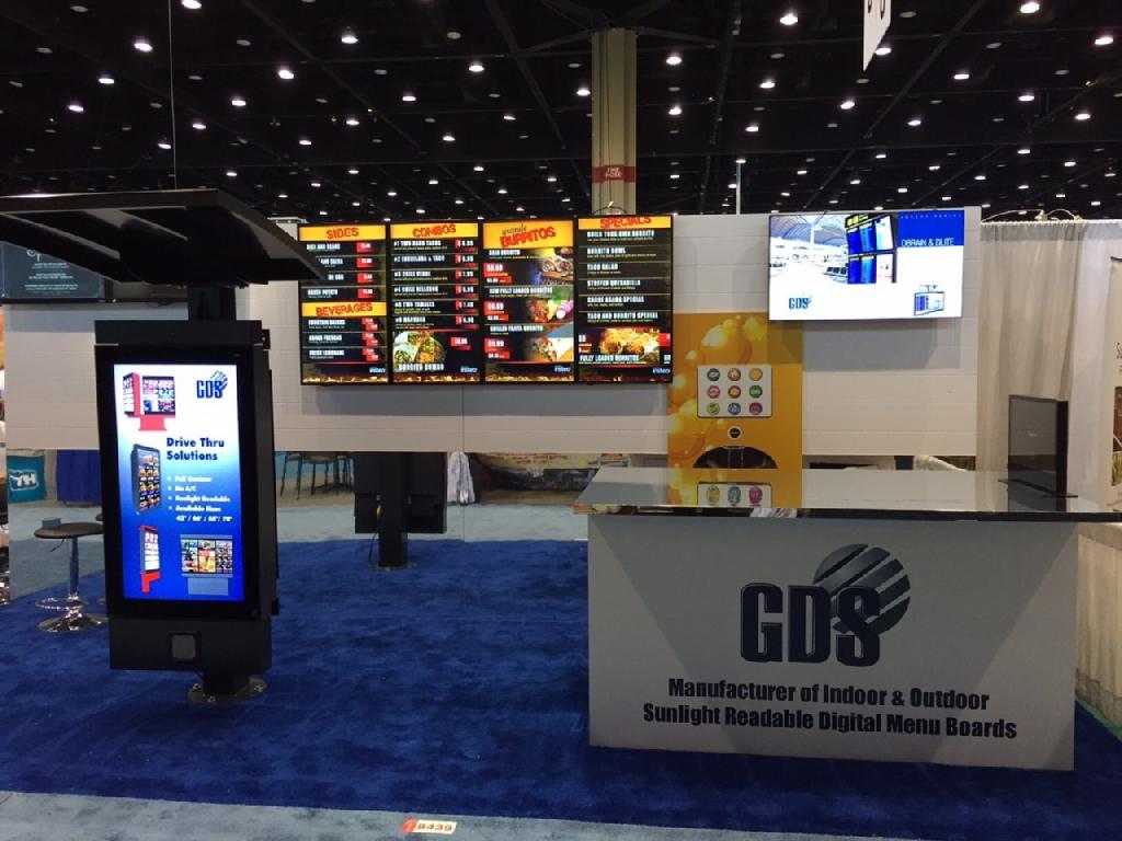 GDSNews's tweet photo. Come visit #GDS @NRAShow, we are showing our outdoor #drivethru screens &amp; indoor #menuboards, feat #Gbond &amp; #eTela http://t.co/nBDf6PTKP5