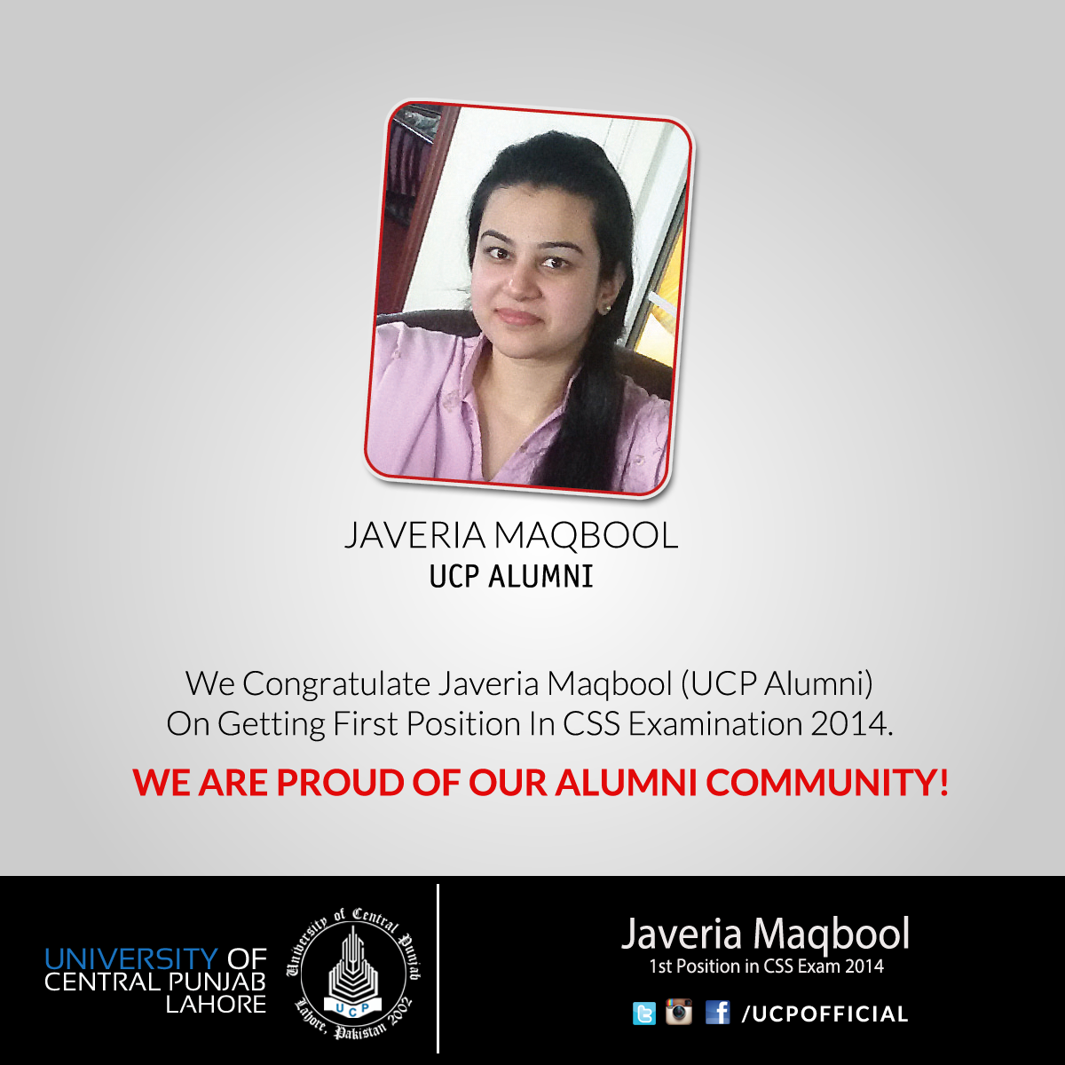 UCPofficial's tweet photo. We congratulate Javeria Maqbool (#UCPAlumni) on getting first position in #cssexam2014. http://t.co/H79REUEoI6