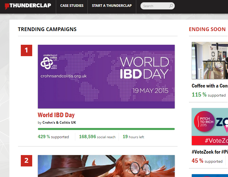 CrohnsColitisUK's tweet photo. Our @ThunderclapIt campaign for #worldIBDday is trending at NUMBER ONE! Please join http://t.co/PTpY1ZJUnZ http://t.co/DY4lku2OrF