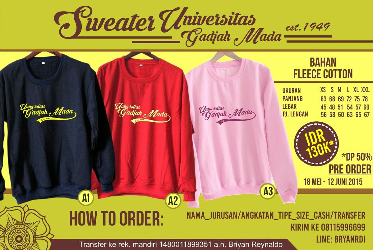 TIPUGM2015's tweet photo. Open Order! Sweater UGM IDR 130k. Only 18 may until 12 june. Cp: 08115996699 or line: bryanrdi || Grab it fast 😄 http://t.co/xKnnwRM7kn