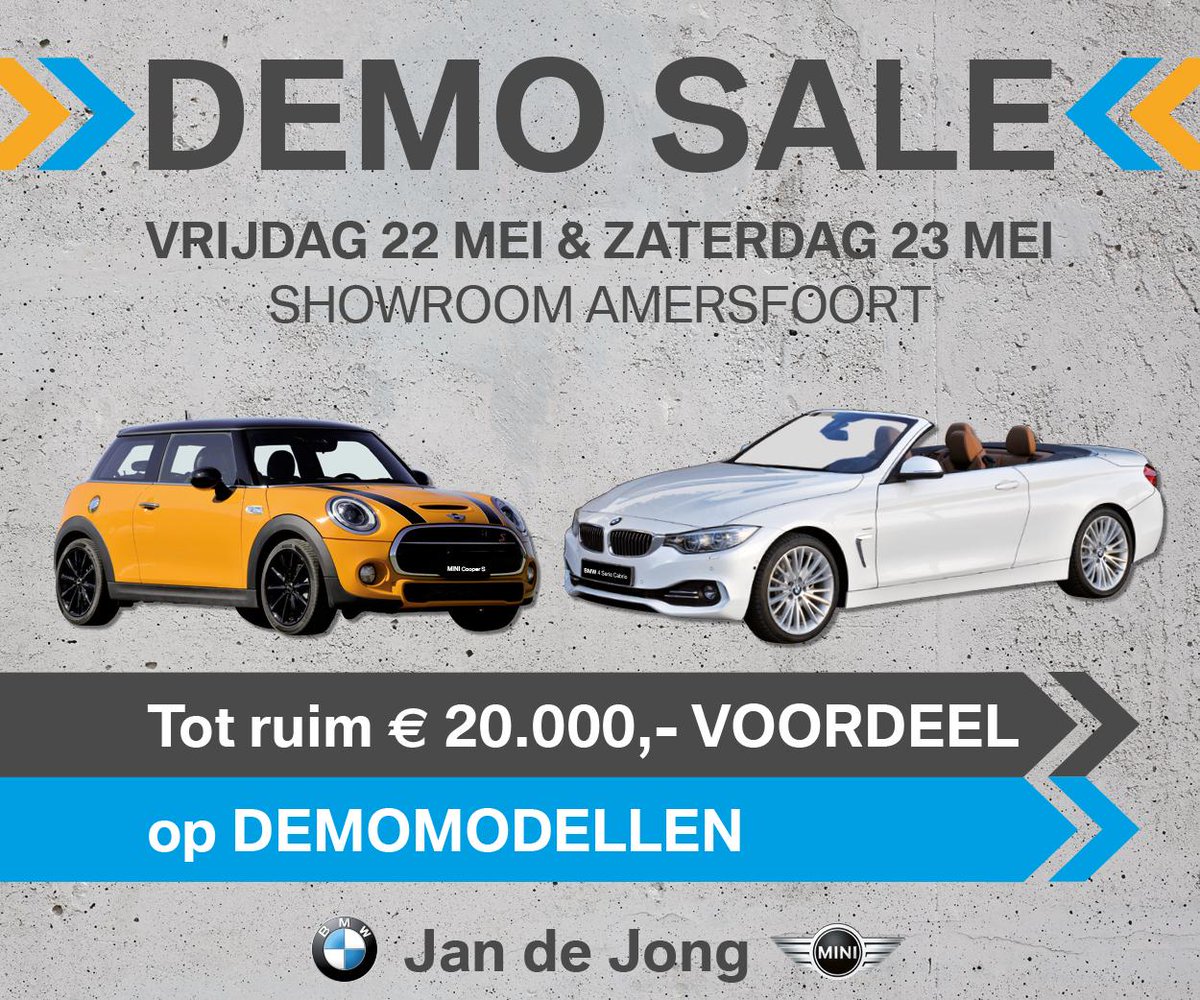22 en 23 mei: Demo Sale! Showroom Amersfoort! Heel veel voordeel op MINI en BMW demomodellen. bit.ly/1gGs2MQ
