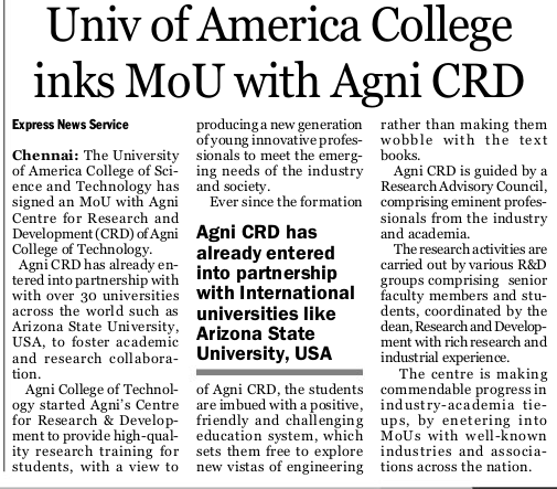 agni_act's tweet photo. #Arizona Congrats!!!
The New Indian Express dated 18/05/2015, in which AGNI CRD's MoU with The university of America. http://t.co/5eBcyNwEhF