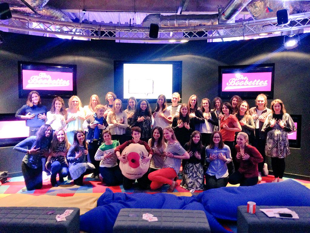 TheBoobettes's tweet photo. Our awesome Boobettes @joannaforest &amp; @scollinson spread the boob love @karmarama this morning! #checkyourboobs http://t.co/bdwURKh9VG