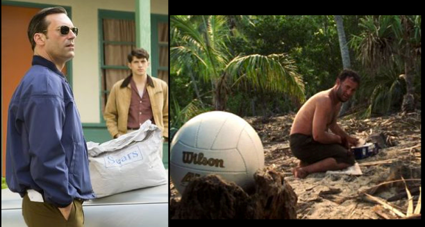 pchaney's tweet image. Sear's bag is to Don what Wilson was to Chuck Noland. #kindasorta #MadMenFinale