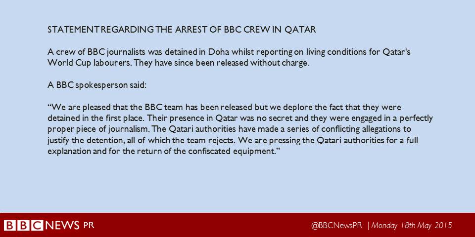 READ: Full BBC statement regarding the arrest of a #BBC crew in #Qatar