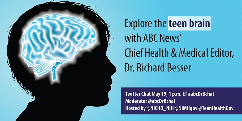 NIH_Innovates's tweet photo. Curious about the teen brain? NIMH is joining @DrRichardBesser @NICHD_NIH @TeenHealthGov for a #abcDrBchat tomorrow! http://t.co/2fn3sfE8zf