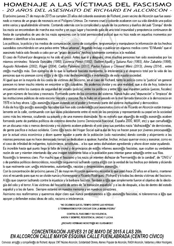 CSOSkuelaTaller's tweet photo. CONCENTRACIÓN ANTIFASCISTA EN ALKORKÓN 
-20 años sin Richard-
Jueves 21 Mayo.20h.C/Mayor con C/Fuenlabrada (Alkorkón) http://t.co/v0Y4AoxSsq