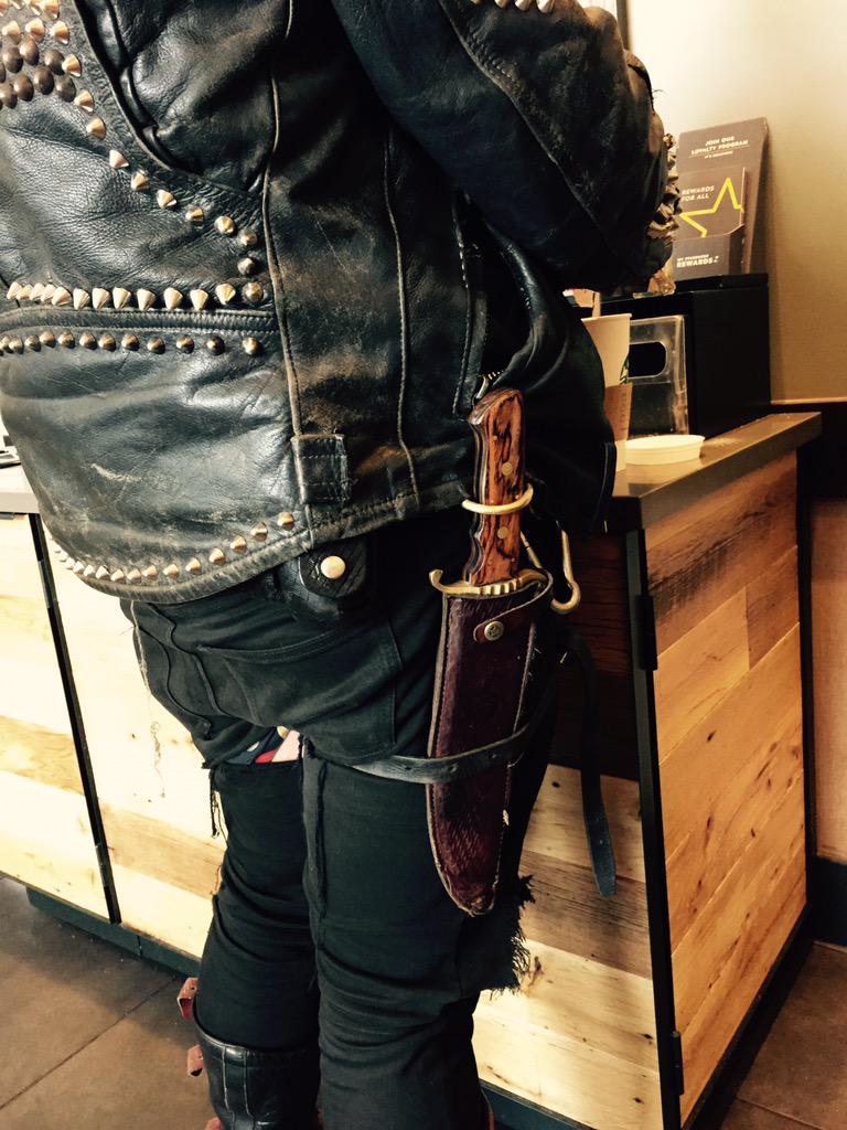 InkedSk8r's tweet photo. It is very important to carry your weapons into #Starbucks #wtf #dafuq #WinterIsComing #GameOfThrones #Freak http://t.co/OY6ouUrpYn