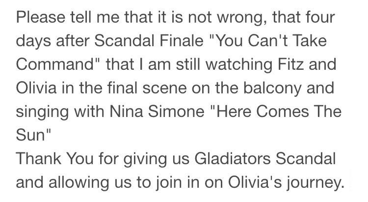 CynthiaLFrybarg's tweet photo. @ScandalABC @shondarhimes @tomverica #ScandaFinale @BeersBetsy @ScandalWriters @scandalprops #GladiatorFamily http://t.co/cj7ZdRxC1c