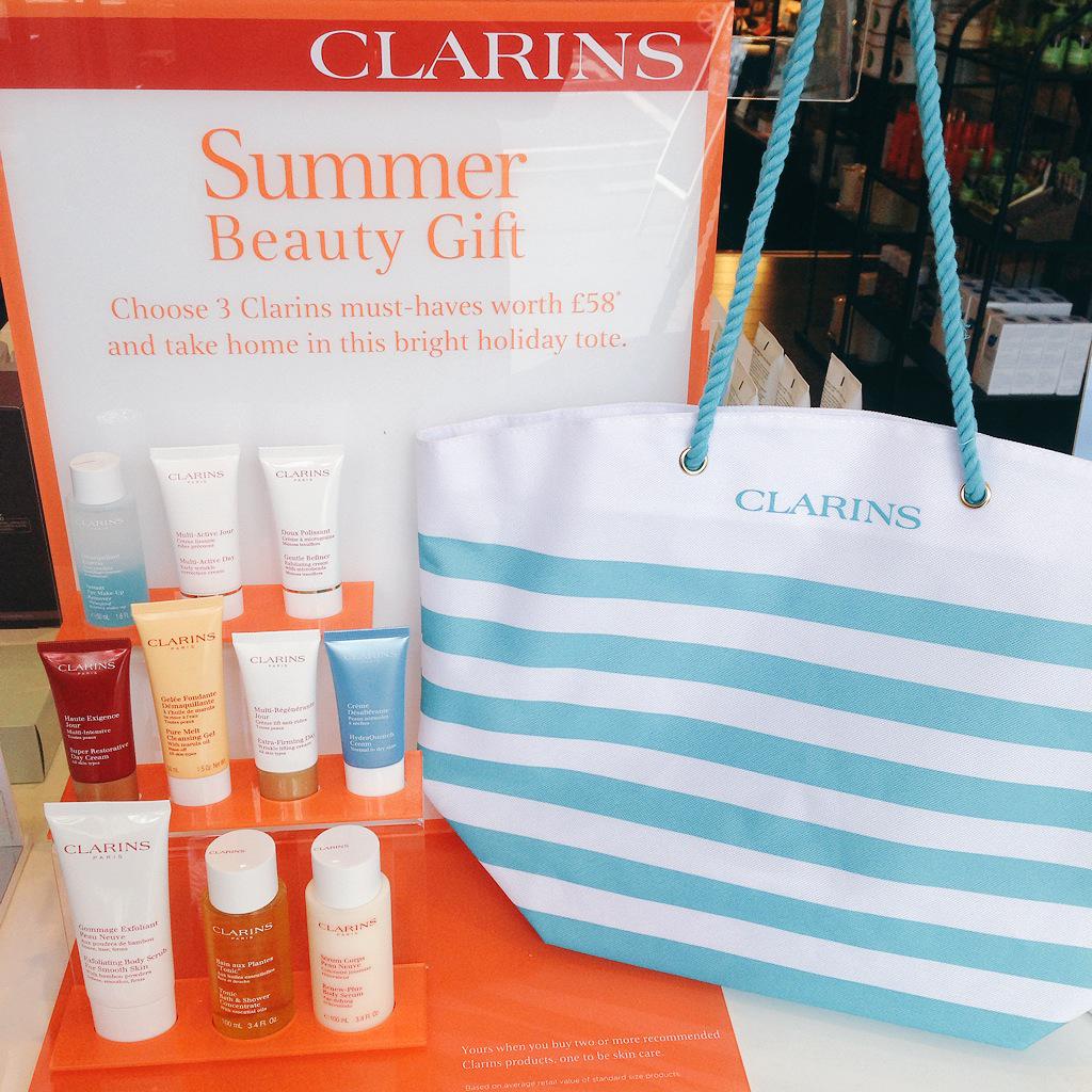 Clarins #summer beauty gift in store now! Get your fill of <a href="/clarins_uk/">clarins_uk</a> must haves! ❤️🌞❤️ plus that great beach tote.