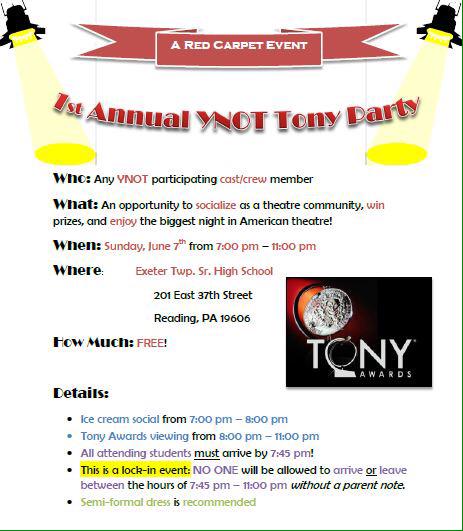 YNOT folk: Join us for a #Tony Party on Sun. 6/7! A fab way to #mingle and celebrate theatre together! #Ynot2015