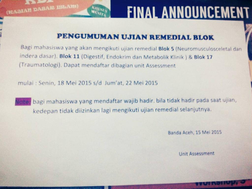 Silahkan teman2 yg ingin mendaftar Remedial Blok 17 sampai batas waktu yg telah ditentukan di tempat yg bersangkutan.