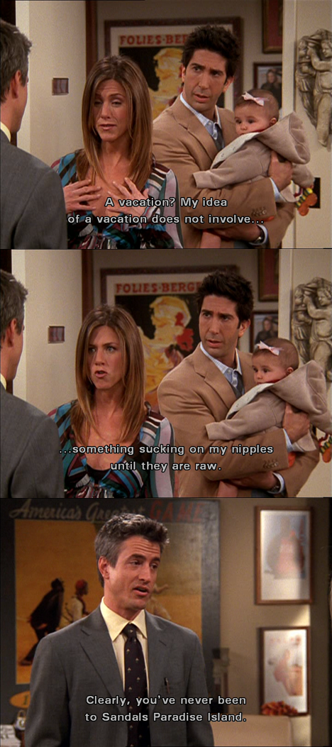 F.R.I.E.N.D.S Fan on X: #Rachel: something sucking on my nipples until  they are raw Gavin: Clearly u've never been to Sandles Paradise Island   / X