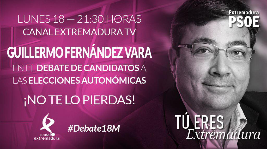 psoeex's tweet photo. No te pierdas a .@GFVara en el debate esta noche en @cextremadura a las 21.30 h. #Debate18M http://t.co/X4nehi7hvS