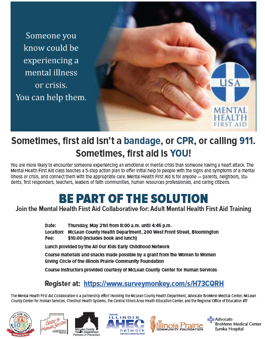 Mental Health First Aid Class this Thursday at the McLean County Health Department

surveymonkey.com/s/H73CQRH