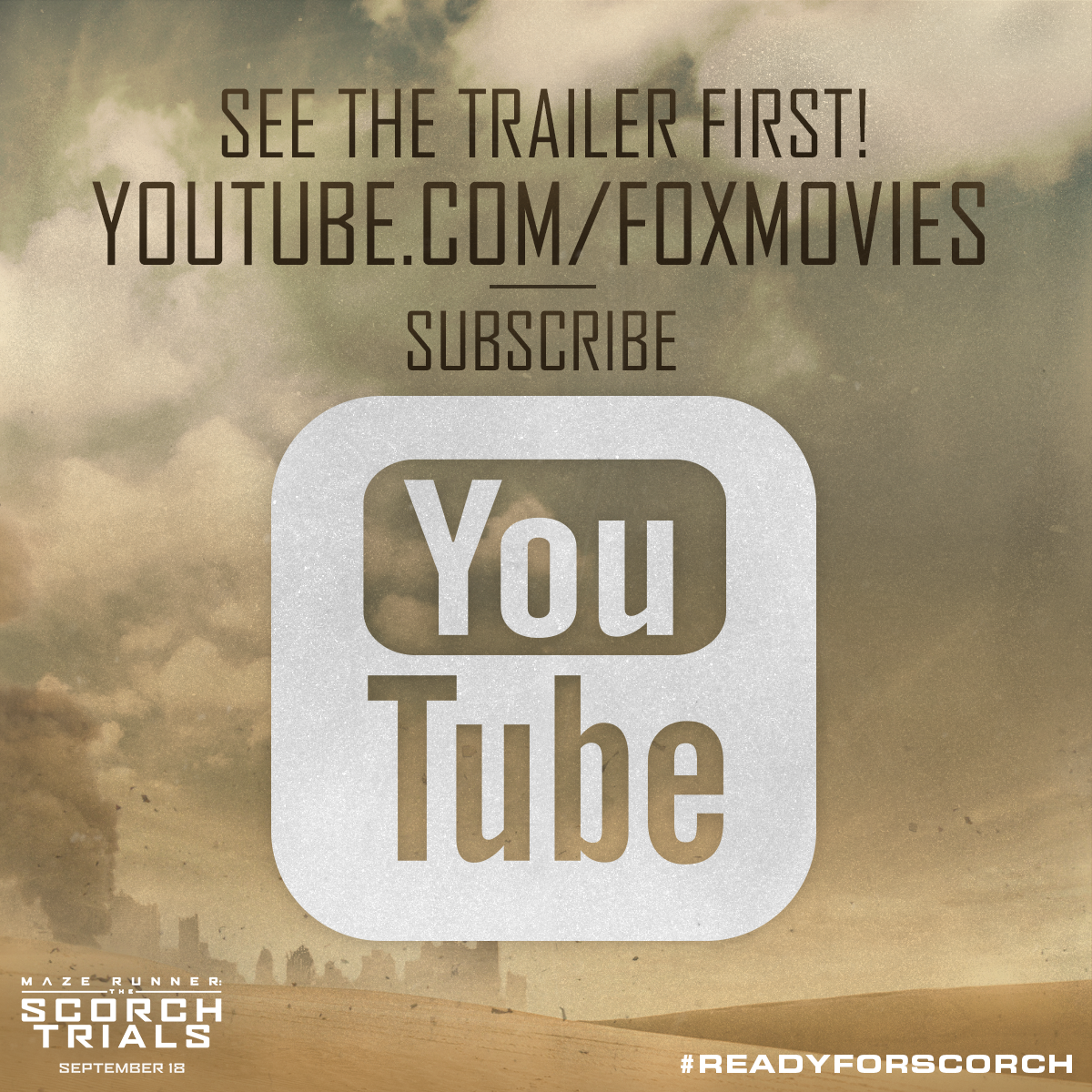MazeRunnerMovie's tweet photo. Ready to run? Subscribe to http://t.co/kzfm9R9CS3 to be the first to see The Scorch Trials trailer! #ReadyforScorch http://t.co/9qSfsPZiuk