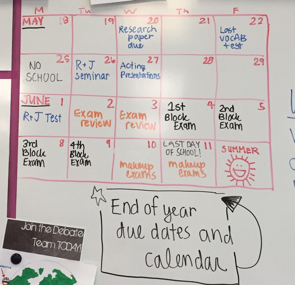 End of year calendar and due dates will be posted on the board- only 11 school days before exams :)