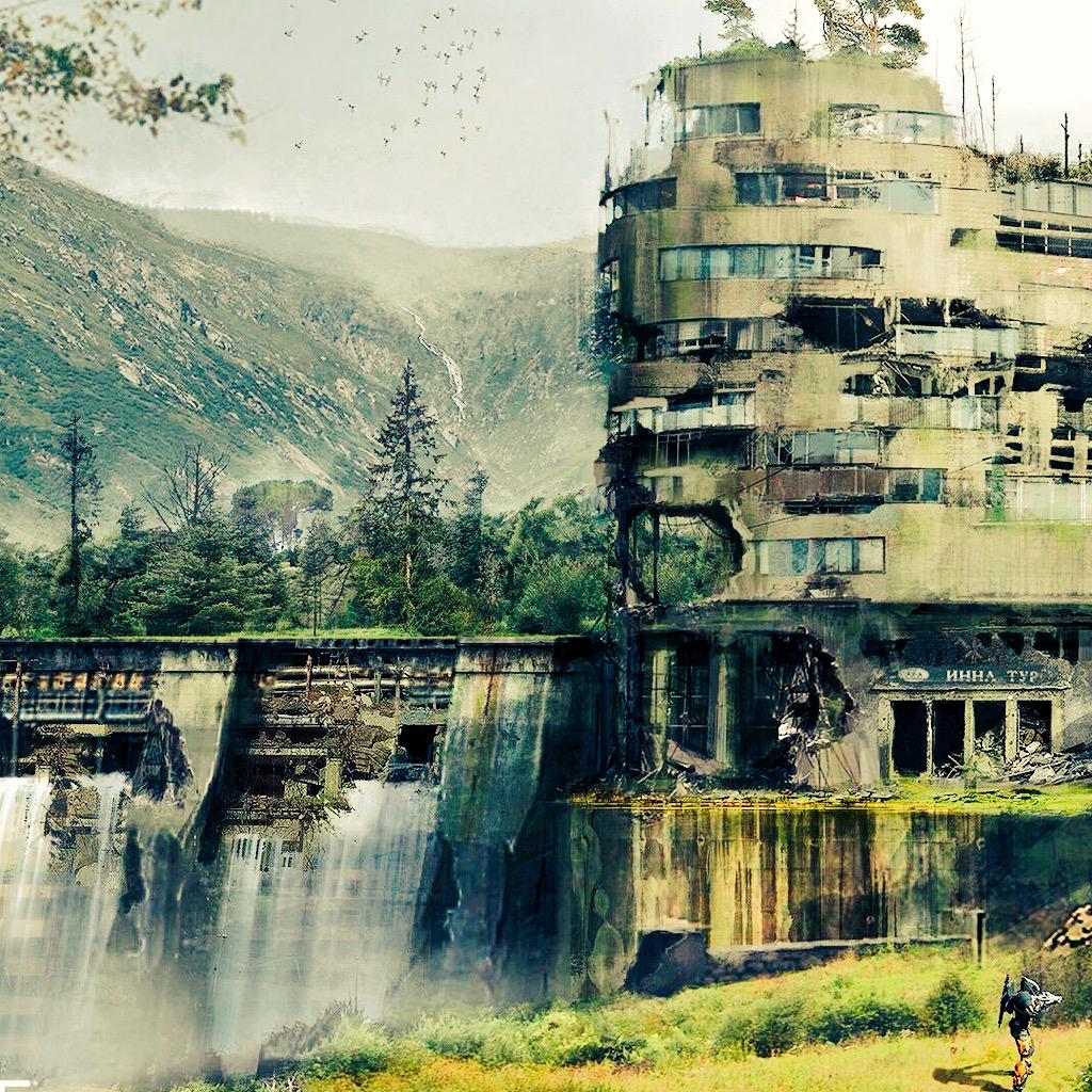 Games_Architect's tweet image. A building generating hydro power damaged under shelling #GameDesign #architecture #plausible #bungie #gamedev