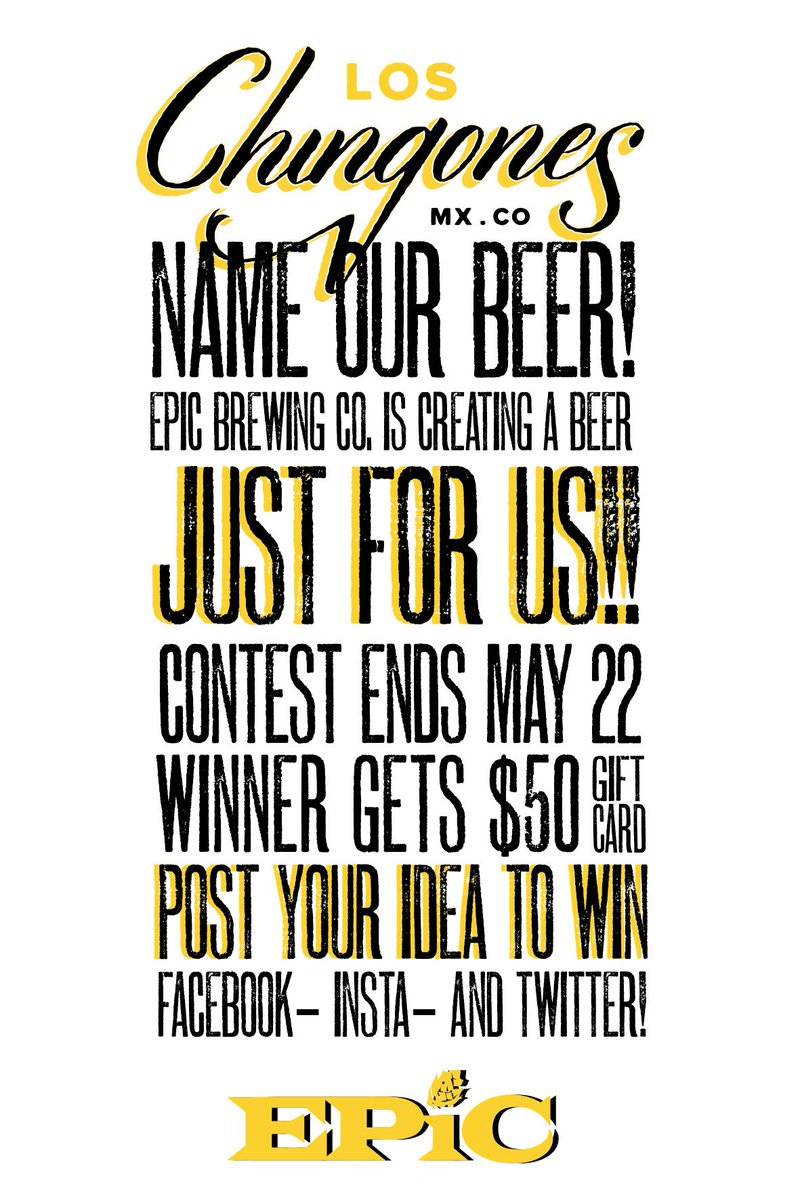 bubuDenver's tweet photo. Are you Chingon enough to name our new exclusive @epicbrewingcompany cerveza? More info here..
http://t.co/PrTeUztGbh http://t.co/cFOiLP3Rcc