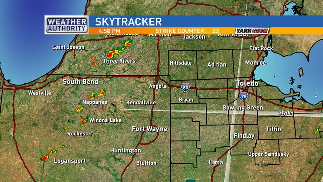 NBC24Weather's tweet photo. Radar, 450pm:  Some showers/storms starting to pop to our west along approaching cold front. We're live at 5p! http://t.co/sRkRXIJQH9