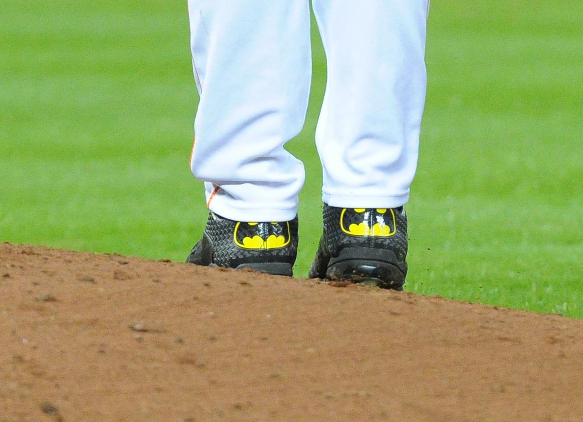 astros's tweet photo. Closeup shot of the awesome Batman cleats @LMcCullers_41 is wearing for his MLB debut. #Represent #Whiff http://t.co/xm41v2crp3