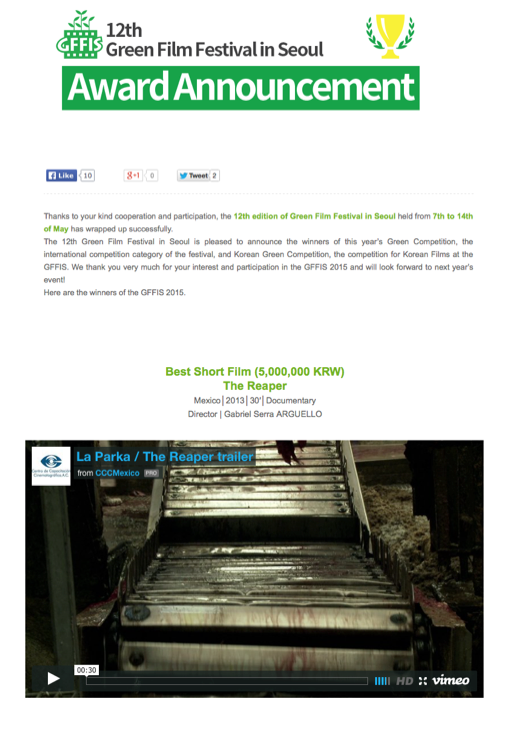 CCCFilmSchoolMX's tweet photo. La Parka / The Reaper #CCCFilm Best Short @GFFIS Green Film Festival in Seoul, South Korea. http://t.co/y0fPs2bN4z http://t.co/0NM7xRl9MQ