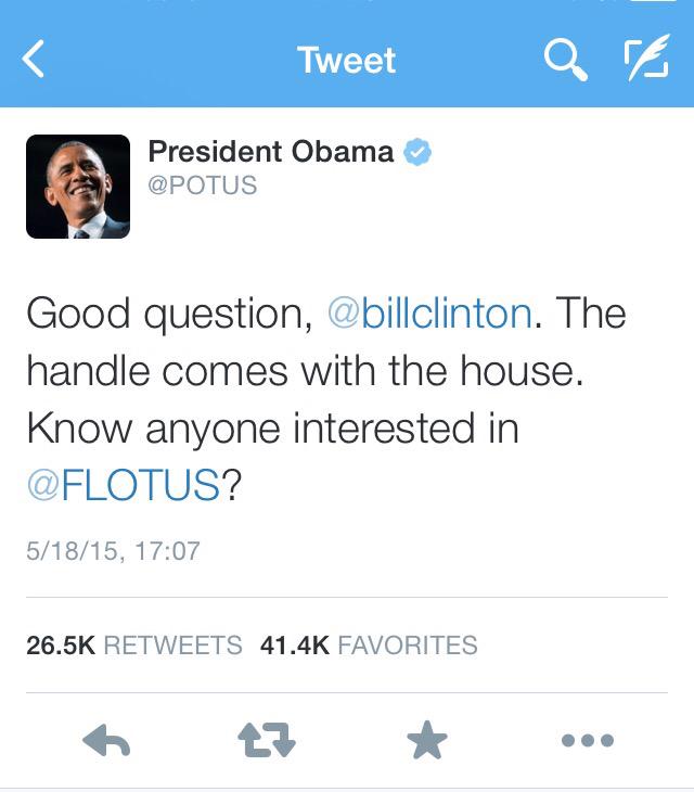KimGhattas's tweet photo. Presidents being funny on Twitter. Who will be FLOTUS indeed if Hillary Clinton wins? http://t.co/4Pe1j4UgrN