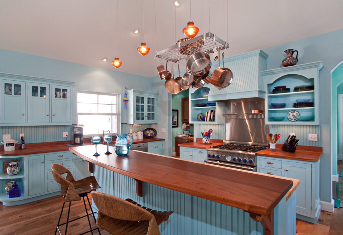 Ocean blue theme in tropical kitchen, Bermuda