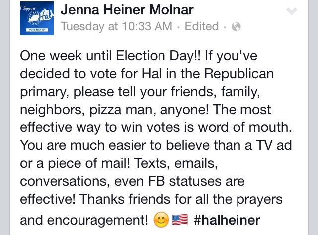 JennaHeiner's tweet photo. One DAY until we vote!! @HalHeiner #kygov #KentuckyFirst http://t.co/64YUgznTkg
