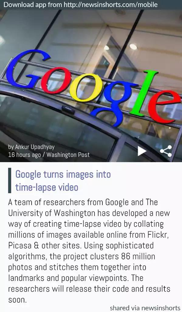 anunayarunav's tweet photo. Google turns images into time-lapse video
http://t.co/AxmEw2VDfO 
 -via Newsinshorts http://t.co/x71xBdrOQG