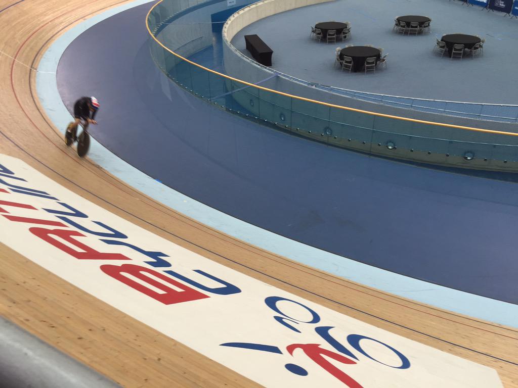 jessbowie's tweet photo. Very proud to be watching my fiancรฉ @susborne as he attempts #TheHourRecord in the Olympic velodrome http://t.co/73GJO9KfnI