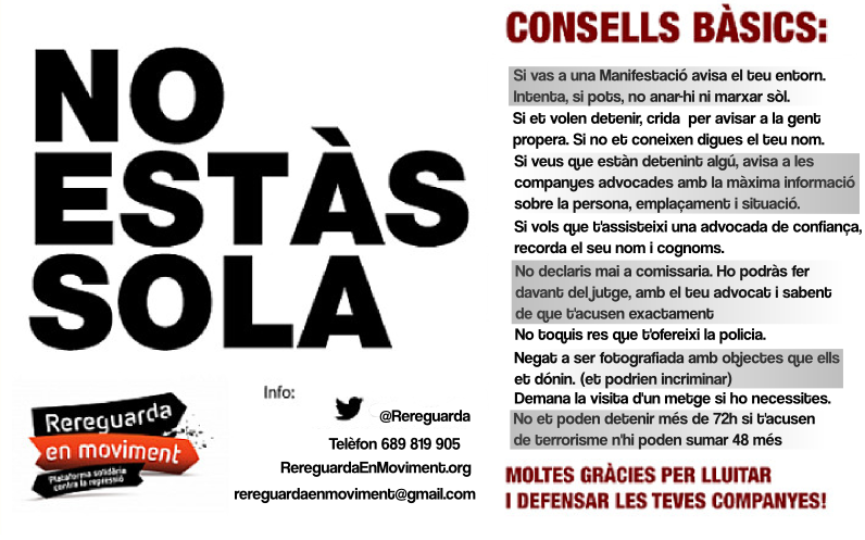 juridicacongres's tweet photo. Recordem avui tenim actiu el dispositiu anti-repressiu #NoEstàsSola per la #19Mvagadetotes http://t.co/gmzf8XWkez