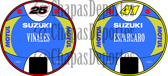 ChapasDeportes's tweet photo. #Chapas de .@MotoGP de .@AleixEspargaro y ,@maverickmack25 de .@SUZUKIECSTAR http://t.co/H3aKSOubrf Continuamos :) http://t.co/GW8wJABjsg