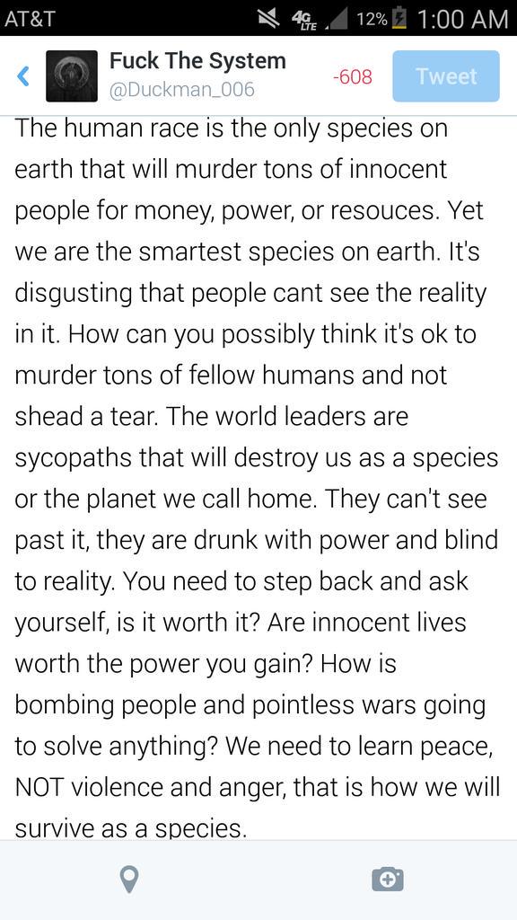 Duckman_006's tweet photo. Pointless war and violence will destroy us. This needs to be realized before it's to late or we all perish. http://t.co/VA8pVFZiXX
