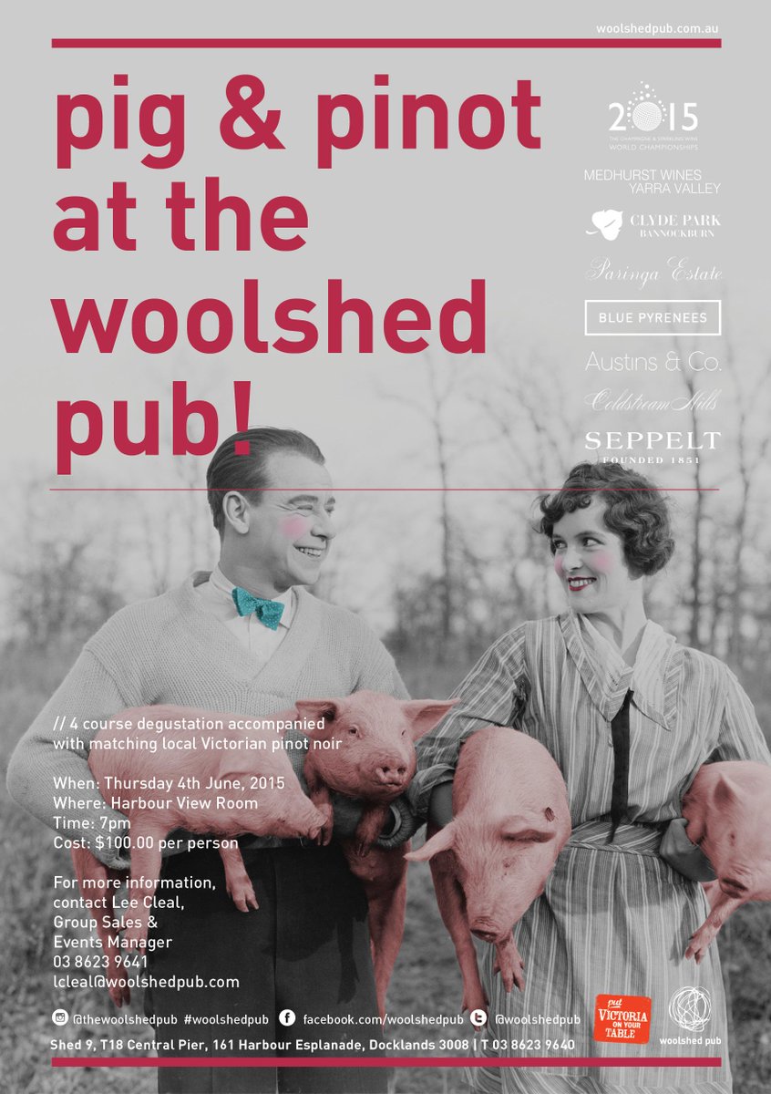 PrimeWinesVic's tweet photo. It's the perfect season for a PIG &amp; PINOT degustation at the @woolshedpub 4th June 7pm click link for more details http://t.co/IkW3eZYraq