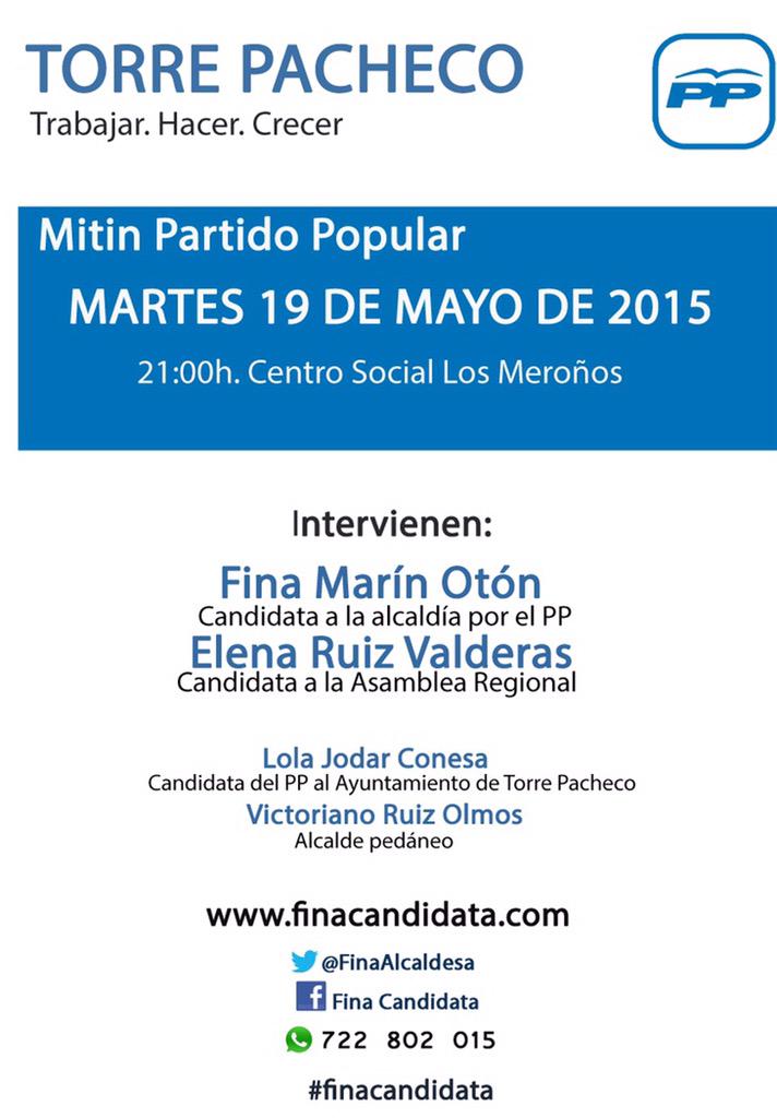 FinaAlcaldesa's tweet photo. Os espero esta noche en Los Meroños a las 21:00h y en Balsicas a las 22:00h http://t.co/rAej4Scn5V