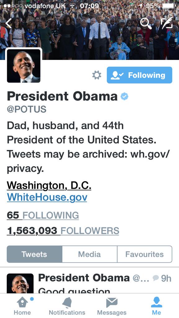 thomaspower's tweet photo. 1.5m followers in one day ...not bad #POTUS #POTUSFirstTweets #POTUSPriorities @POTUS http://t.co/JMe1al5Cm5