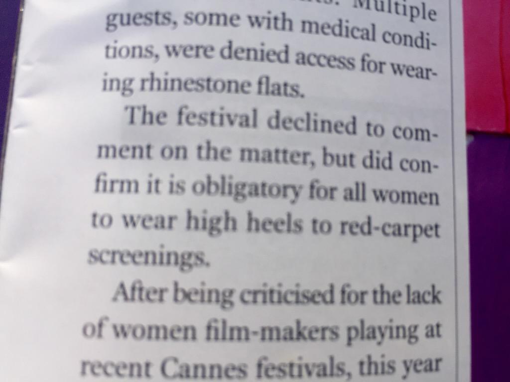 muirkate's tweet photo. Wow. Story in Screen says women were turned back from red carpet screening #Cannes2015 for NOT wearing high heels. http://t.co/Yf2O3CyEW5